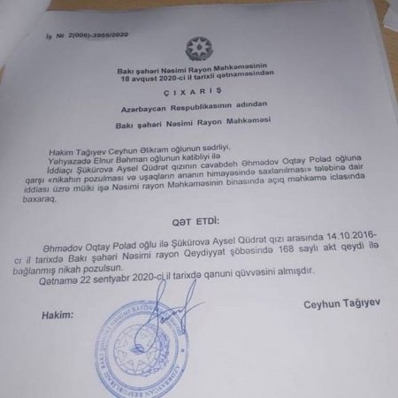 400 minlik toyu ilə gündəmə gələn sabiq məmurun qızı rəsmən boşandı
