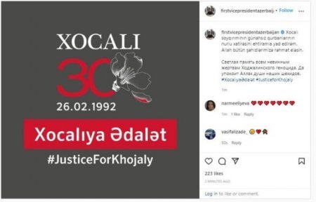 Mehriban Əliyeva Xocalı soyqırımının 30-cu ildönümü münasibətilə paylaşım edib - FOTO