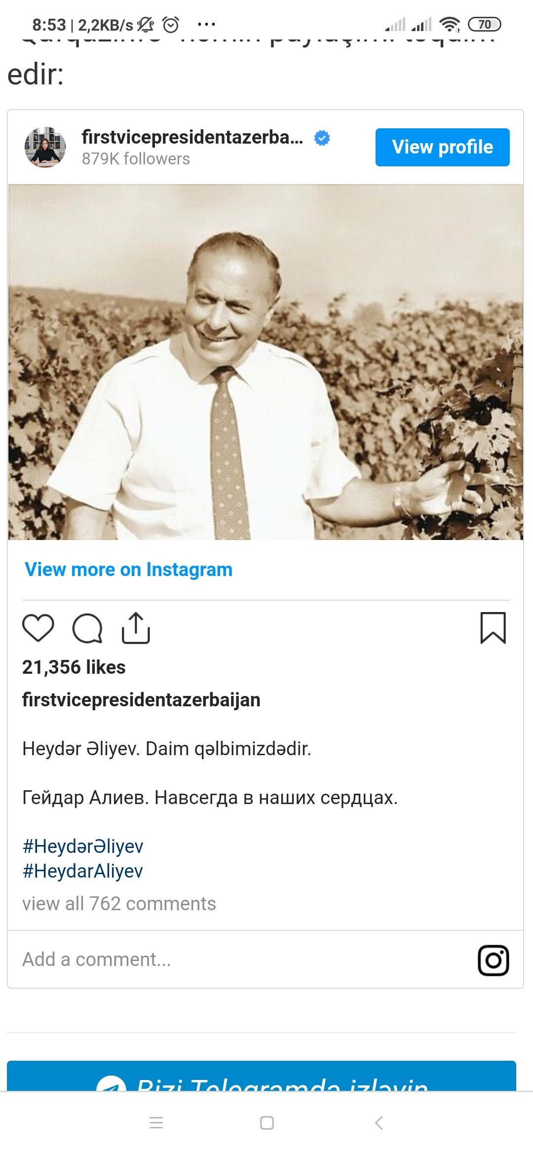 Mehriban Əliyevadan Heydər Əliyevlə bağlı paylaşım