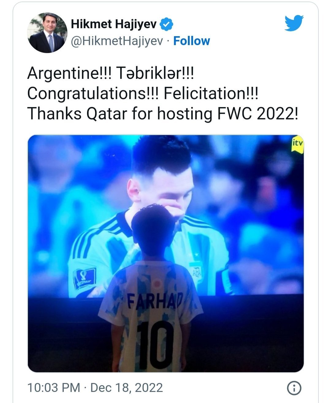 Prezidentin köməkçisindən dünya çempionu Argentinaya təbrik mesajı – FOTO